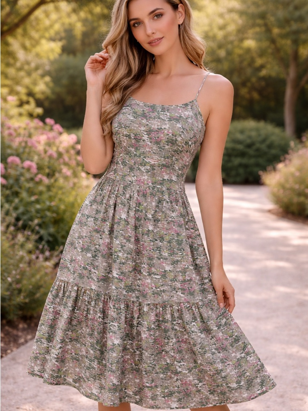 The Korner Women’s Open Back Bow Watercolor Abstract Green Pink Tiered Dress L